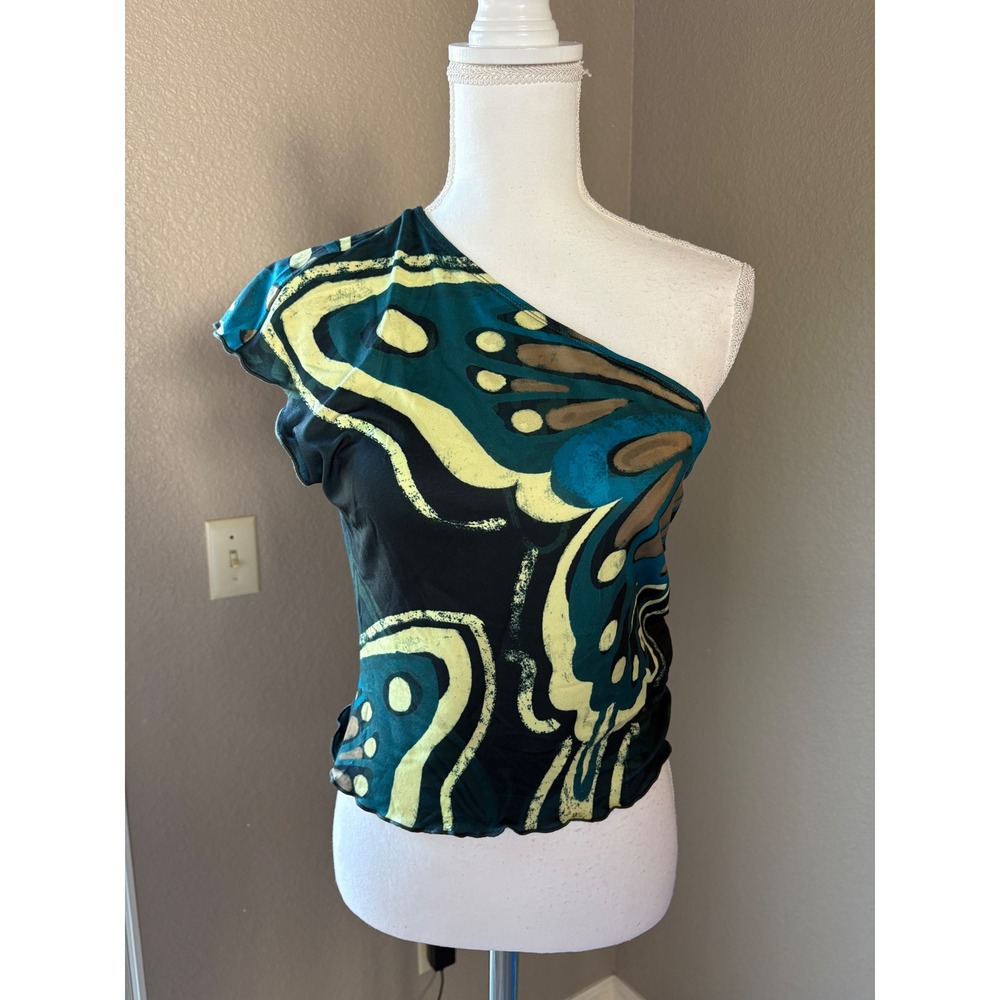 SHEIN Women Large One Shoulder Butterfly Graphic Mesh Top Teal Green Ruched Y2K